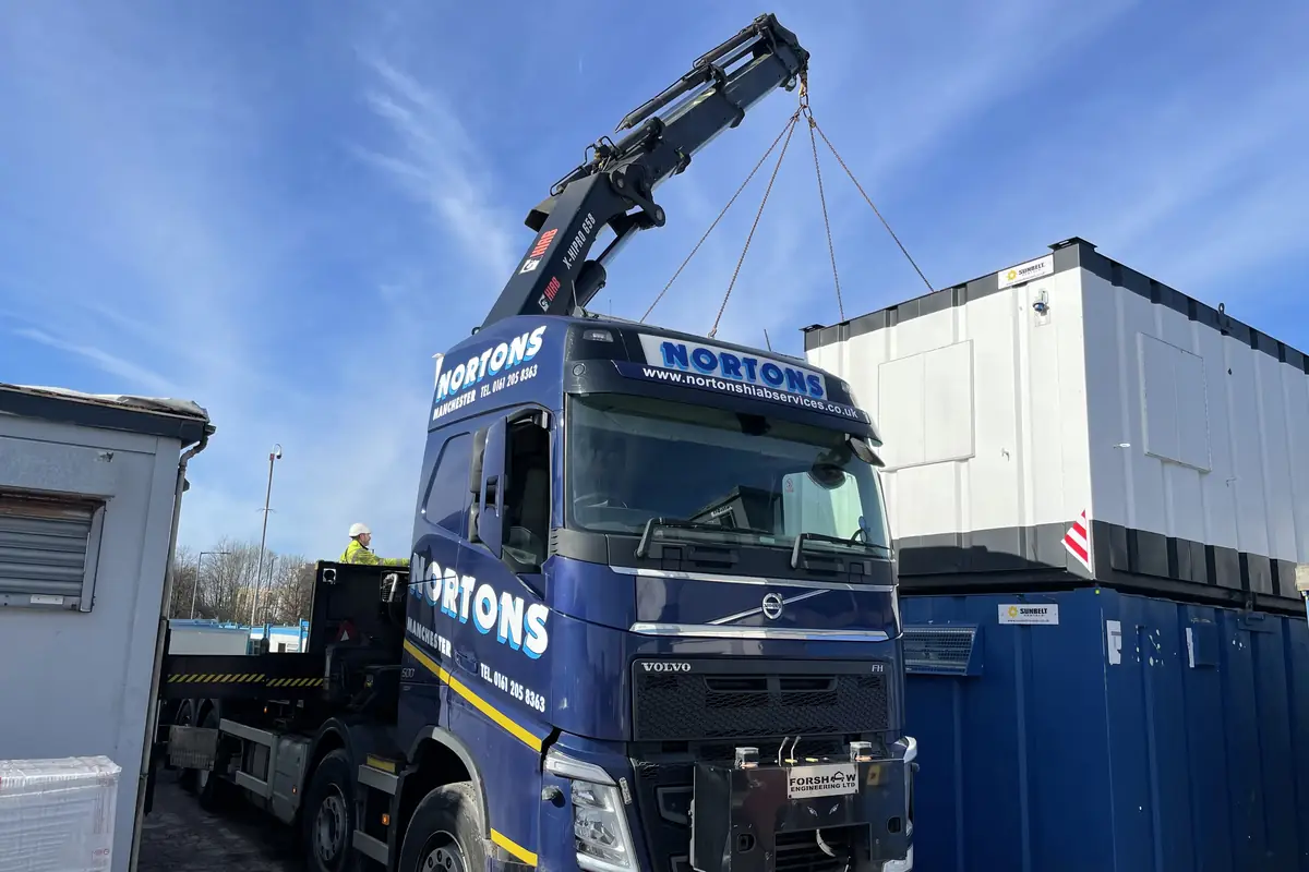 Relocatable unit suspended from lifting equipment above its base