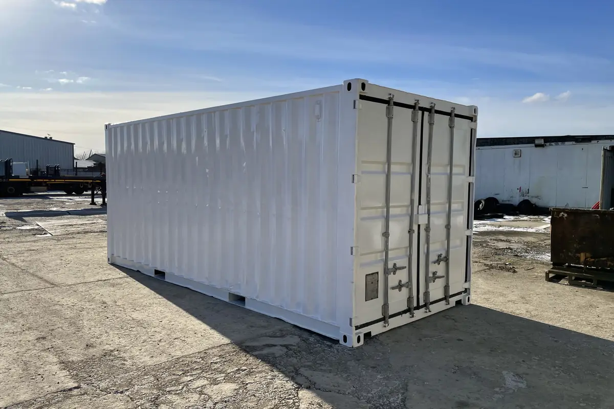 Used twenty foot storage container standing on a hardstanding yard